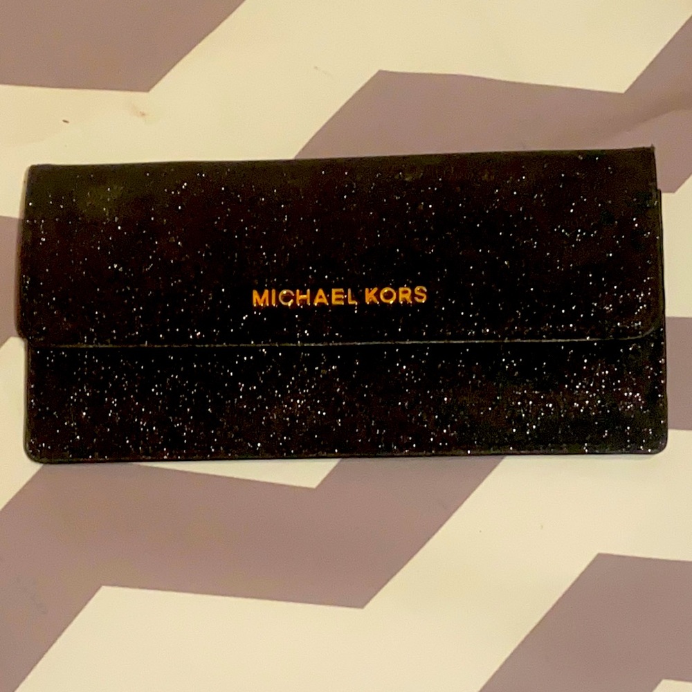 RARE MICHAEL Michael Kors Black Slim Sparkly Flip Wallet Medium Gold Accents